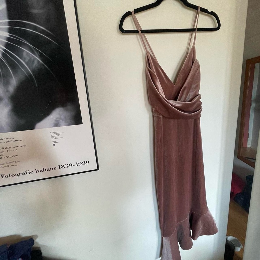 ASOS dusty rose gold velvet slip dress with draped bodice and ruffle on bottom